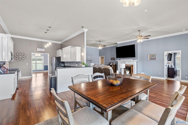 dining room with dark wood-style floors, baseboards, ceiling fan, and a fireplace