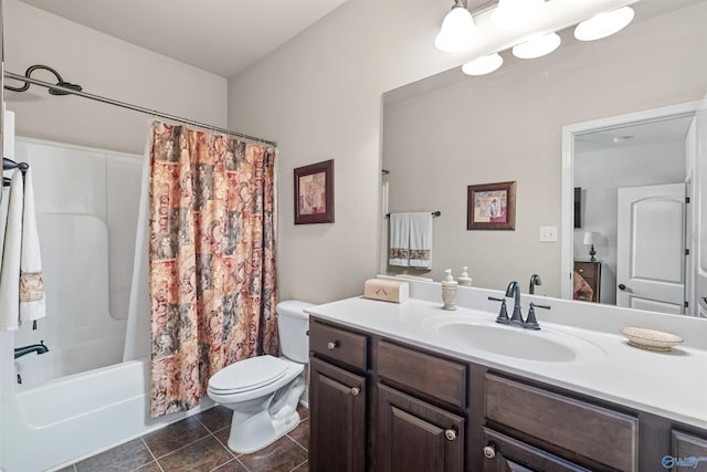 bathroom with toilet, vanity, and shower / bath combination with curtain