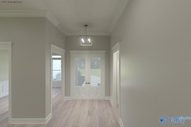 HUNTINGTONB Newby Chapel Rd, Athens, AL 35613 - corridor featuring ornamental molding, light wood finished floors, french doors, a chandelier, and a textured ceiling