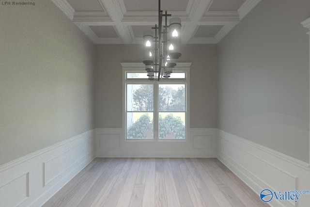 HUNTINGTONB Newby Chapel Rd, Athens, AL 35613 - unfurnished dining area with a chandelier, coffered ceiling, wainscoting, light wood-style floors, and ornamental molding