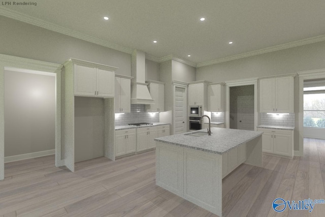 HUNTINGTONB Newby Chapel Rd, Athens, AL 35613 - kitchen with crown molding, white gas cooktop, custom range hood, a sink, and backsplash