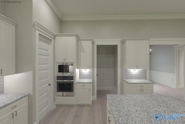 HUNTINGTONB Newby Chapel Rd, Athens, AL 35613 - kitchen with stainless steel oven, ornamental molding, white microwave, light wood-style floors, and tasteful backsplash