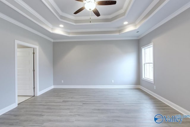 HUNTINGTONB Newby Chapel Rd, Athens, AL 35613 - unfurnished room with a tray ceiling, a ceiling fan, ornamental molding, wood finished floors, and recessed lighting