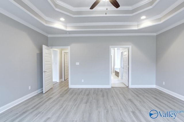 HUNTINGTONB Newby Chapel Rd, Athens, AL 35613 - unfurnished bedroom with a tray ceiling, ornamental molding, light wood-type flooring, baseboards, and recessed lighting