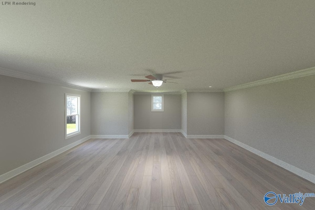 HUNTINGTONB Newby Chapel Rd, Athens, AL 35613 - empty room with ornamental molding, a ceiling fan, light wood-style floors, baseboards, and a textured ceiling