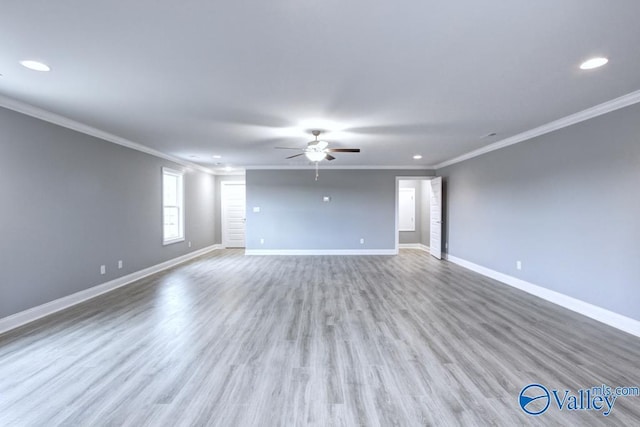 HUNTINGTONB Newby Chapel Rd, Athens, AL 35613 - unfurnished living room featuring a ceiling fan, crown molding, recessed lighting, baseboards, and wood finished floors
