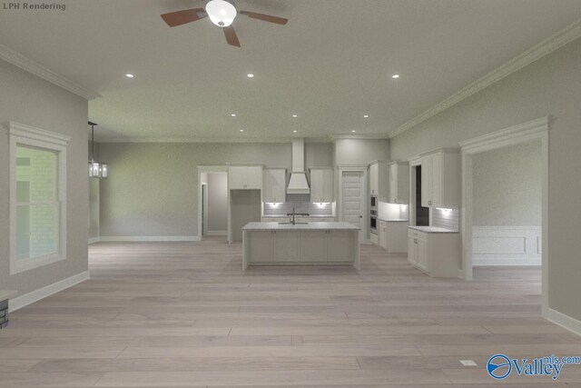 HUNTINGTONB Newby Chapel Rd, Athens, AL 35613 - kitchen with crown molding, white cabinetry, a ceiling fan, light wood finished floors, and custom exhaust hood