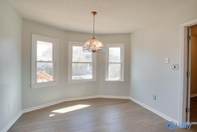 unfurnished dining area with hardwood / wood-style flooring, plenty of natural light, and a textured ceiling