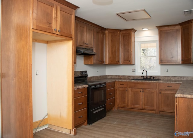 kitchen with hardwood / wood-style floors, black electric range oven, and sink