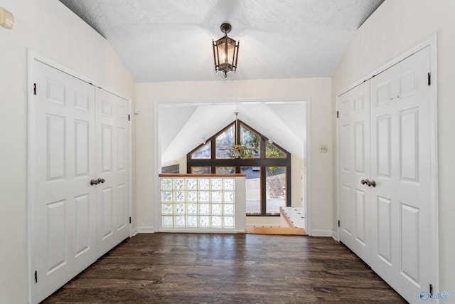 foyer entrance with vaulted ceiling, dark hardwood / wood-style flooring, and a textured ceiling