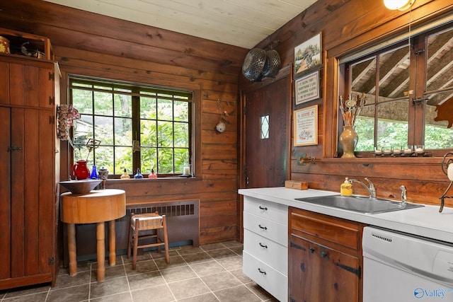LOT1 Moon Lake Rd, Mentone, AL 35984 - kitchen with white dishwasher, radiator heating unit, light tile patterned floors, wood walls, and light countertops