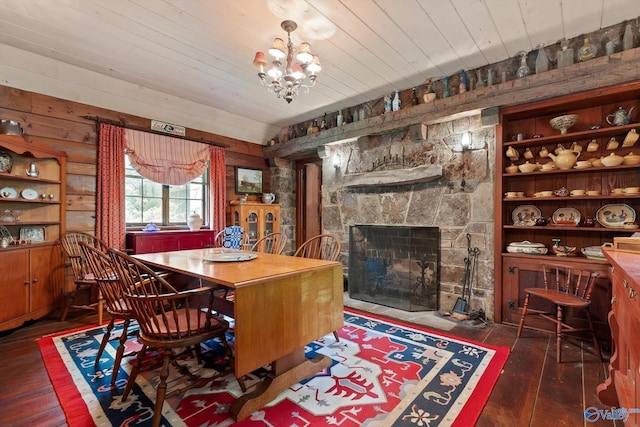LOT1 Moon Lake Rd, Mentone, AL 35984 - dining room with wood-type flooring, a fireplace, a chandelier, wood ceiling, and wood walls