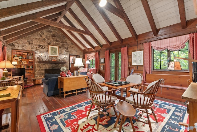LOT1 Moon Lake Rd, Mentone, AL 35984 - dining space featuring hardwood / wood-style floors, a stone fireplace, high vaulted ceiling, wooden walls, and a wooden ceiling with exposed beams