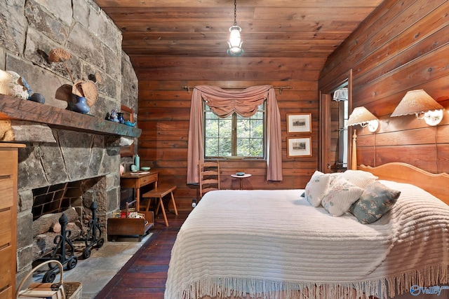 LOT1 Moon Lake Rd, Mentone, AL 35984 - bedroom featuring wood-type flooring, lofted ceiling, a fireplace, and wood ceiling