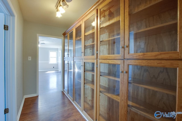 hall with baseboards and dark wood-style flooring