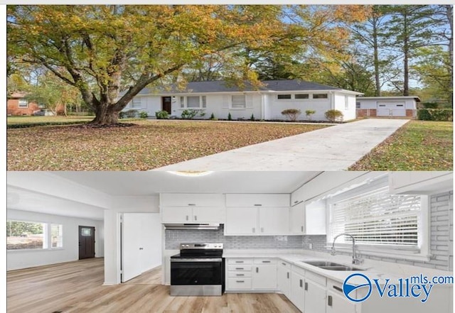 kitchen with decorative backsplash, stainless steel electric stove, sink, light hardwood / wood-style flooring, and white cabinets