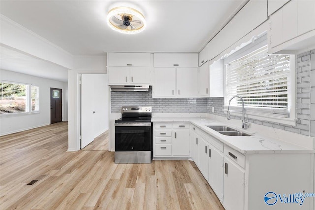 kitchen with backsplash, stainless steel range with electric cooktop, sink, light wood-type flooring, and white cabinetry