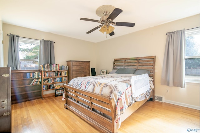 bedroom featuring ceiling fan and light hardwood / wood-style floors