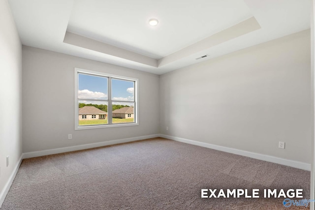 empty room with carpet floors and a raised ceiling