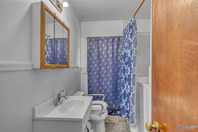 bathroom featuring tile patterned flooring, walk in shower, vanity, and toilet