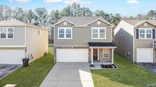 traditional-style home with a shingled roof, an attached garage, driveway, and a front lawn