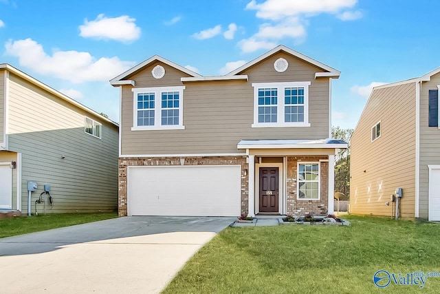 traditional-style home with a garage, driveway, a front lawn, and brick siding