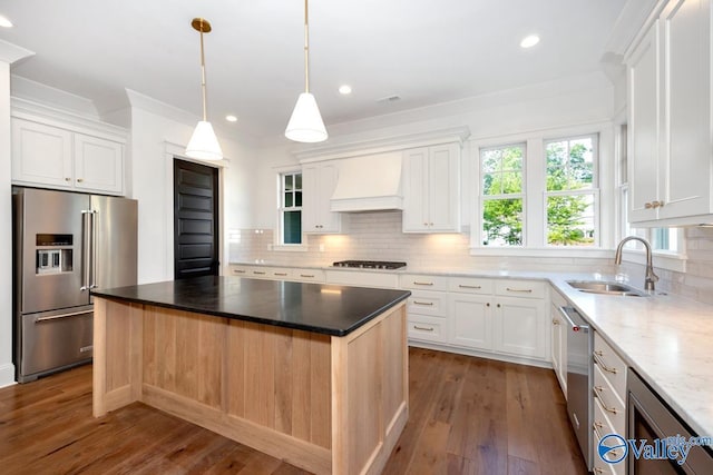 kitchen featuring a sink, dark wood-type flooring, custom exhaust hood, decorative backsplash, and appliances with stainless steel finishes