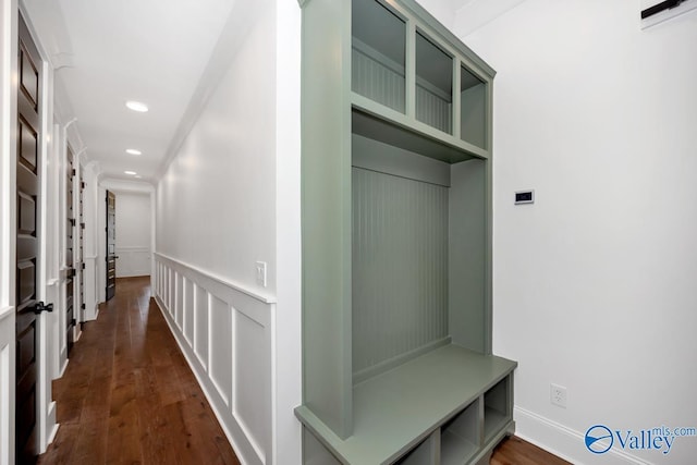 mudroom with recessed lighting and dark wood-style floors