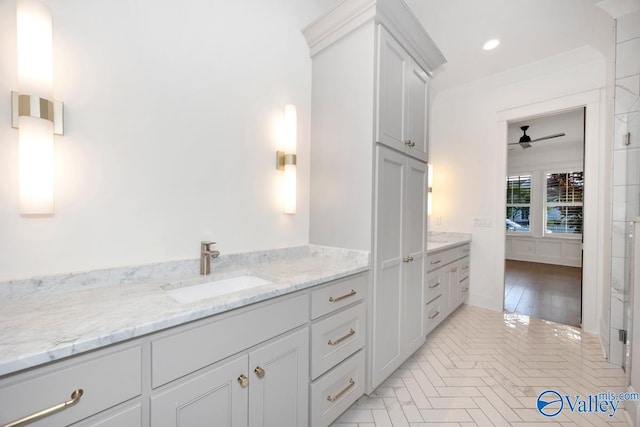 full bath featuring vanity, ceiling fan, and recessed lighting
