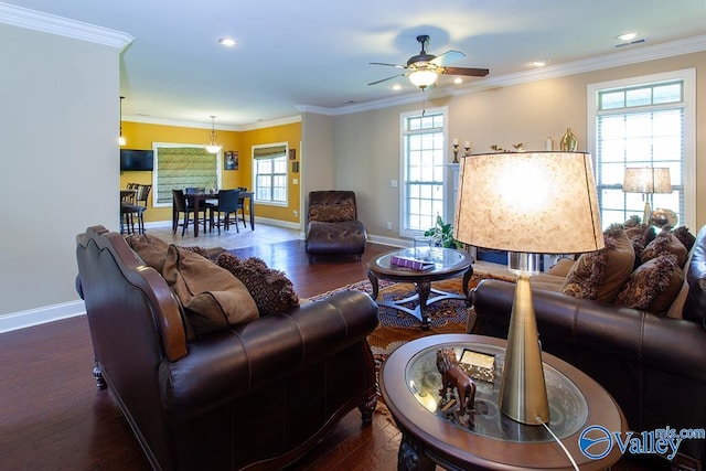 living room featuring ceiling fan, dark hardwood / wood-style floors, crown molding, and a healthy amount of sunlight