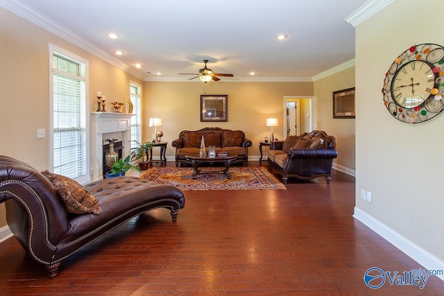 living room with ceiling fan, dark hardwood / wood-style floors, and crown molding