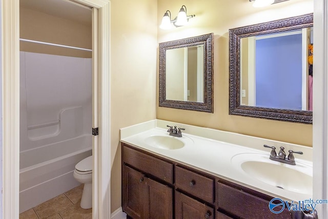 full bathroom featuring tile patterned flooring, shower / tub combination, vanity, and toilet