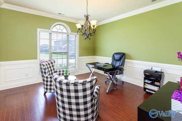 office area with ornamental molding, dark wood-type flooring, and a chandelier