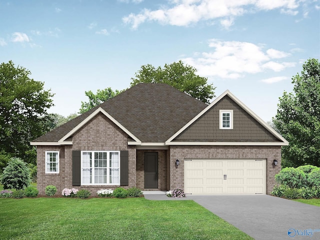 view of front of house with concrete driveway, a front yard, brick siding, a garage, and a shingled roof