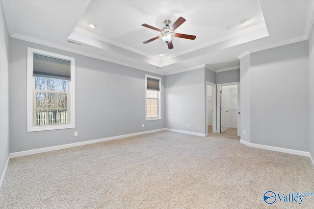 unfurnished room featuring crown molding, ceiling fan, a raised ceiling, and light carpet