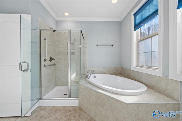 bathroom with tile patterned flooring, ornamental molding, and shower with separate bathtub