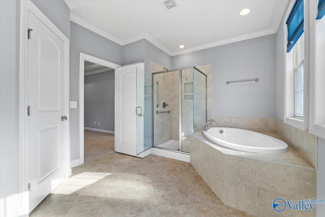 bathroom featuring crown molding, tile patterned floors, and plus walk in shower