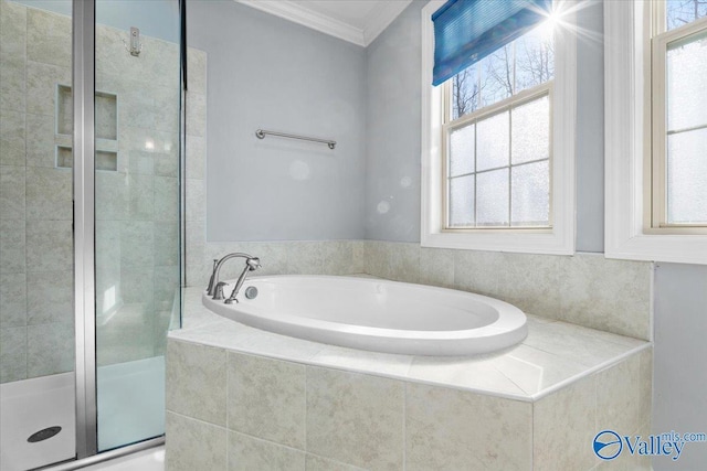 bathroom featuring crown molding and plus walk in shower