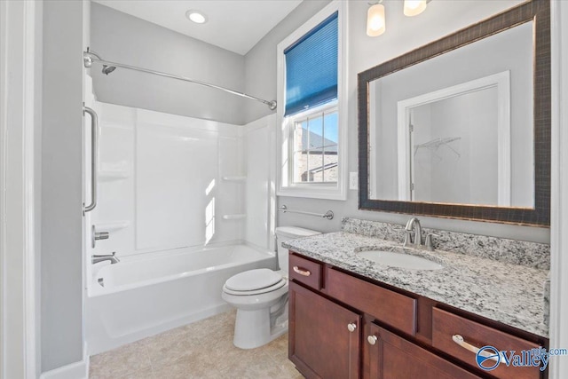 full bathroom with toilet, vanity, and bathtub / shower combination