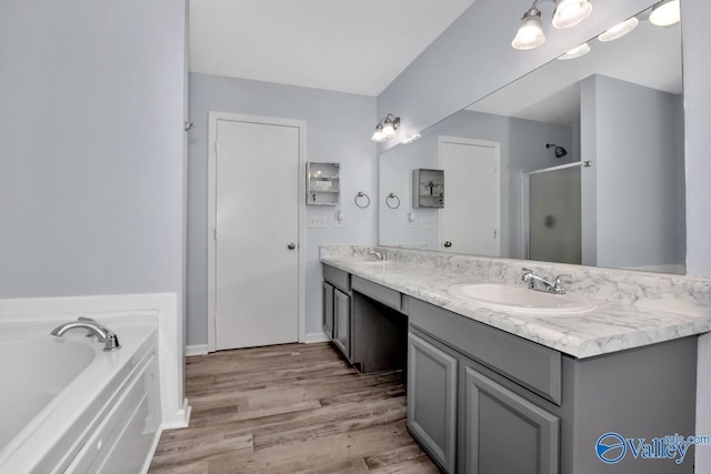 bathroom with vanity, wood-type flooring, and independent shower and bath