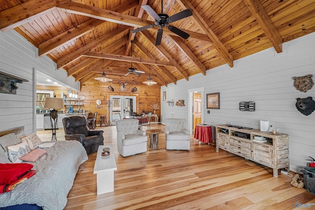 living room featuring a ceiling fan, wood finished floors, wooden ceiling, wood walls, and vaulted ceiling with beams