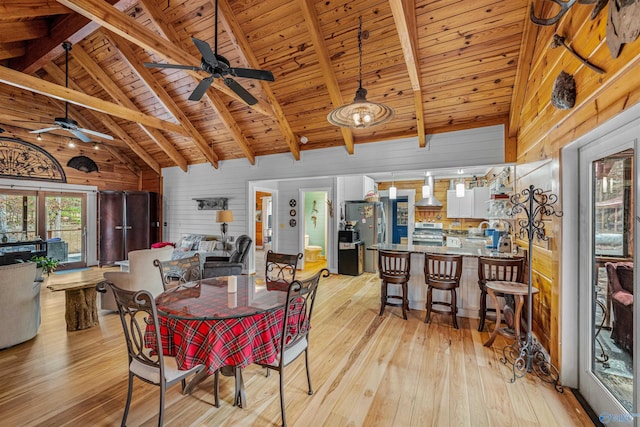 dining room with a ceiling fan, light wood-style floors, wood walls, and wooden ceiling