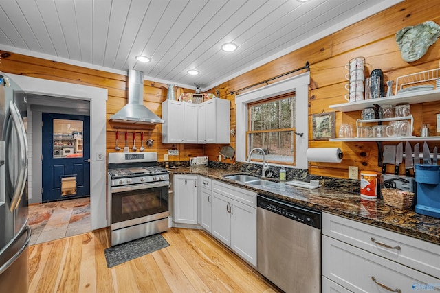 kitchen featuring extractor fan, wood walls, wood ceiling, stainless steel appliances, and a sink