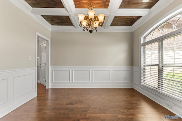 17259 Obsidian Cir, Athens, AL 35613 - empty room with a chandelier, beamed ceiling, wainscoting, coffered ceiling, and dark wood-style flooring