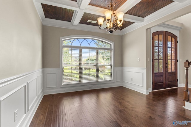 17259 Obsidian Cir, Athens, AL 35613 - unfurnished room featuring a chandelier, coffered ceiling, wainscoting, dark wood finished floors, and ornamental molding