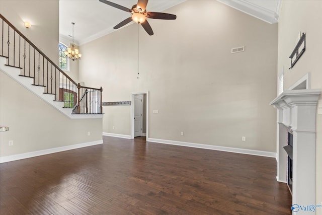 17259 Obsidian Cir, Athens, AL 35613 - unfurnished living room featuring high vaulted ceiling, ceiling fan, a fireplace, crown molding, and stairs
