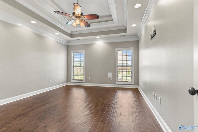 17259 Obsidian Cir, Athens, AL 35613 - spare room featuring dark wood-style floors, a raised ceiling, ceiling fan, crown molding, and baseboards