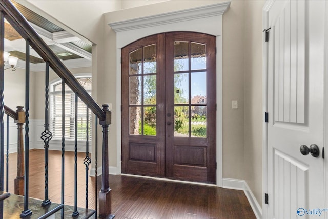 17259 Obsidian Cir, Athens, AL 35613 - entryway featuring ornamental molding, dark wood-type flooring, stairs, french doors, and baseboards