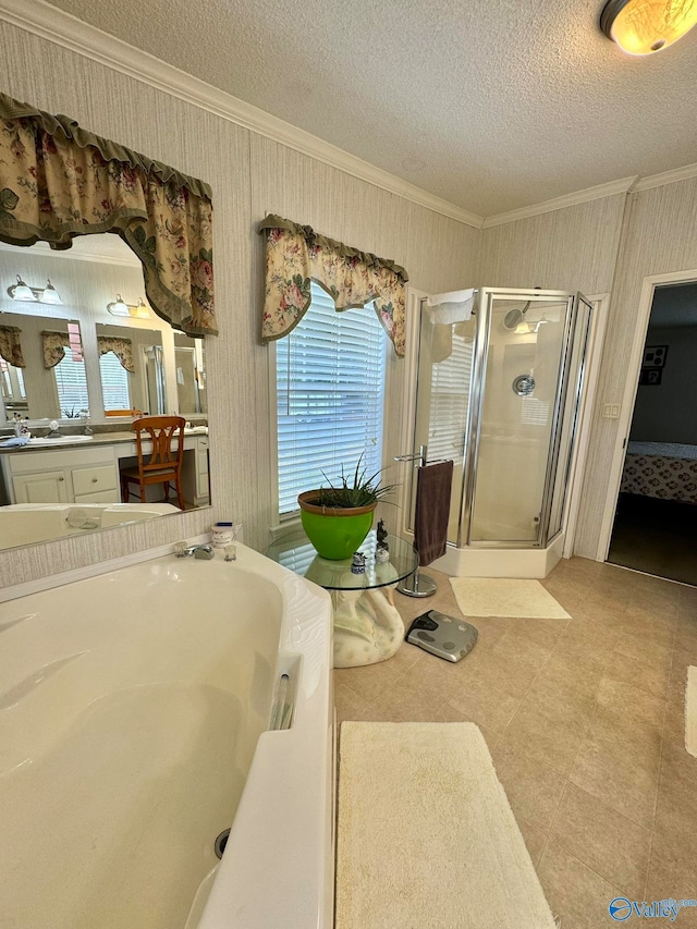 bathroom with ornamental molding, vanity, a textured ceiling, and an enclosed shower