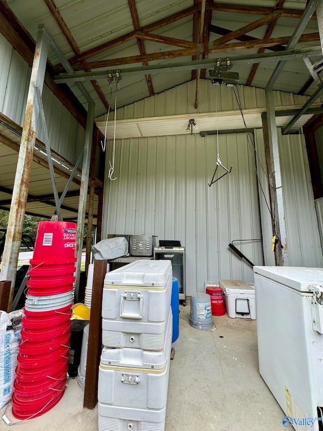 garage with wood walls